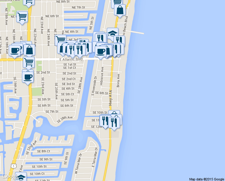 map of restaurants, bars, coffee shops, grocery stores, and more near 516 South Ocean Boulevard in Pompano Beach