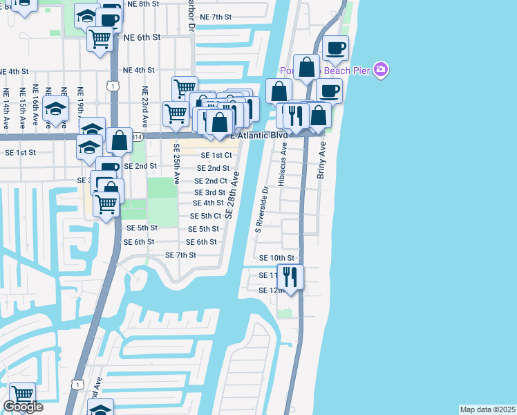 map of restaurants, bars, coffee shops, grocery stores, and more near 601 South Riverside Drive in Pompano Beach
