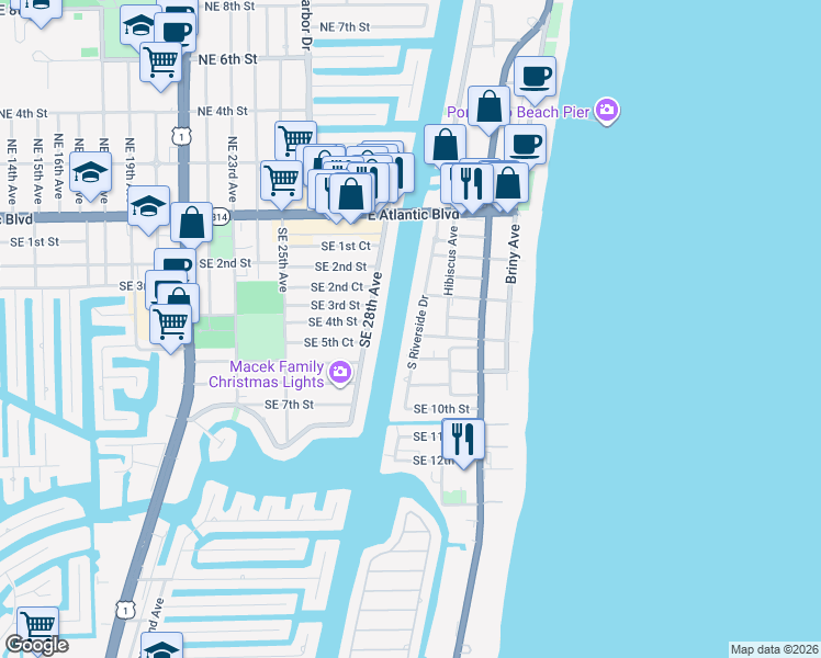 map of restaurants, bars, coffee shops, grocery stores, and more near 601 South Riverside Drive in Pompano Beach