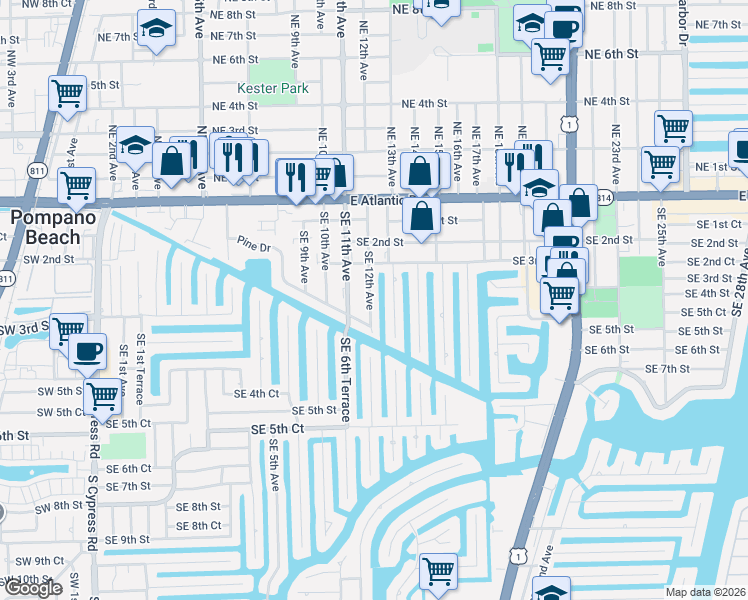 map of restaurants, bars, coffee shops, grocery stores, and more near 344 Southeast 11th Avenue in Pompano Beach