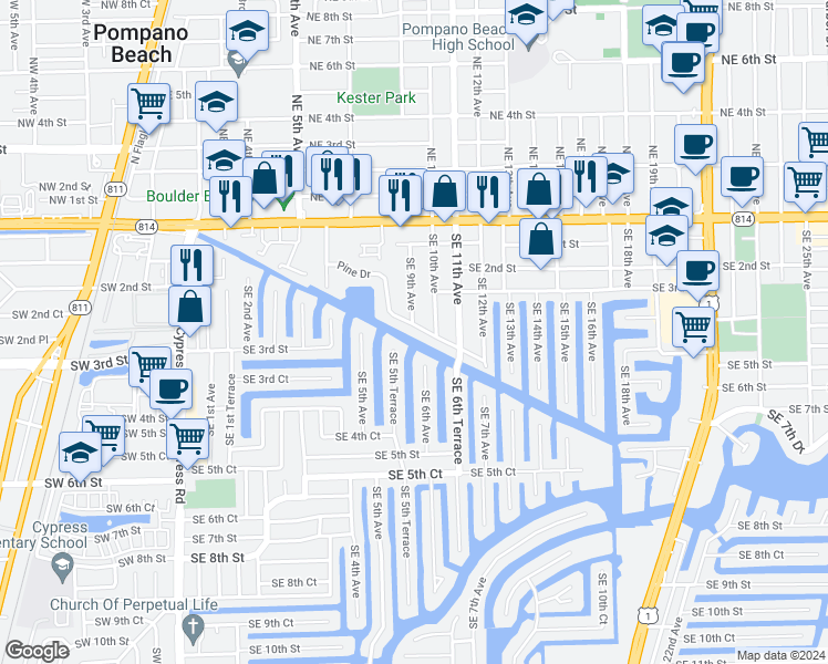 map of restaurants, bars, coffee shops, grocery stores, and more near 810 Pine Drive in Pompano Beach