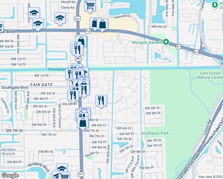 map of restaurants, bars, coffee shops, grocery stores, and more near 282 North Cortez Drive in Margate