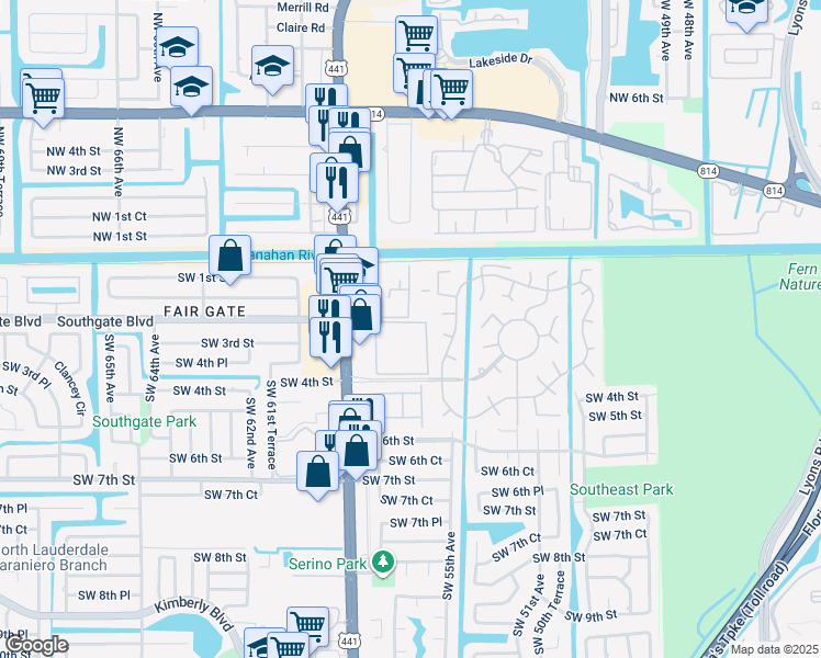 map of restaurants, bars, coffee shops, grocery stores, and more near 5641 Southwest 2nd Court in Margate