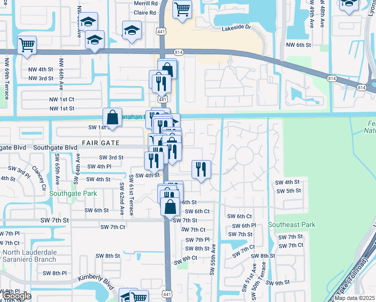 map of restaurants, bars, coffee shops, grocery stores, and more near 5641 Southwest 2nd Court in Margate