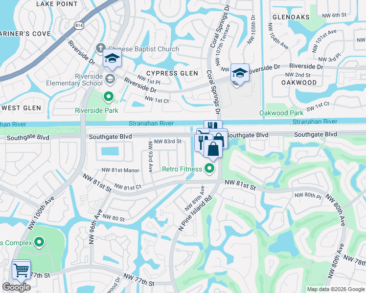 map of restaurants, bars, coffee shops, grocery stores, and more near 8208 Northwest 91st Avenue in Tamarac