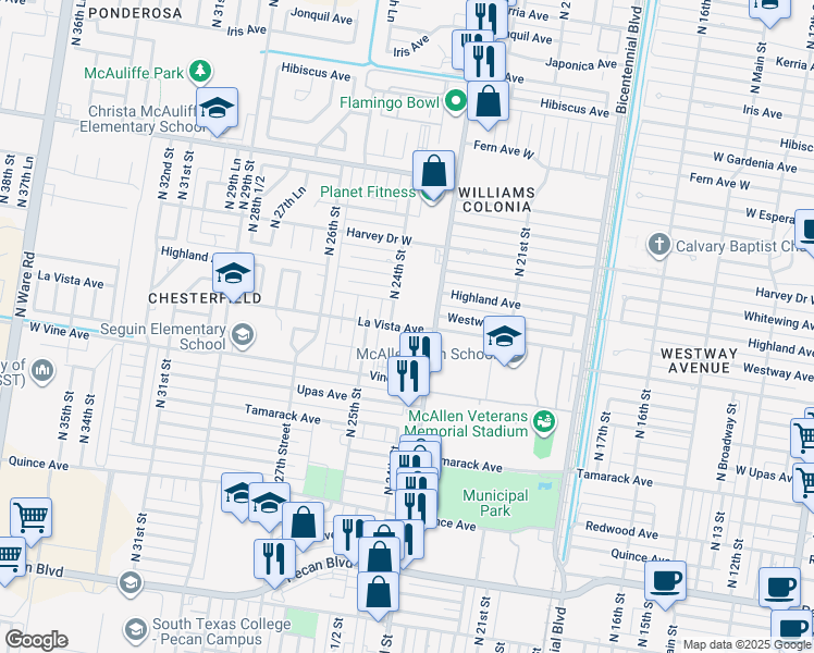 map of restaurants, bars, coffee shops, grocery stores, and more near 2323 La Vista Avenue in McAllen