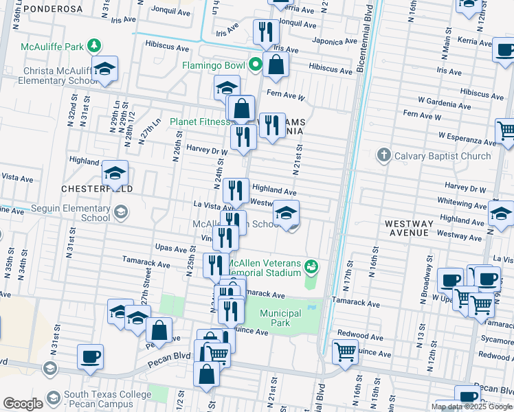 map of restaurants, bars, coffee shops, grocery stores, and more near 2213 Westway Avenue in McAllen