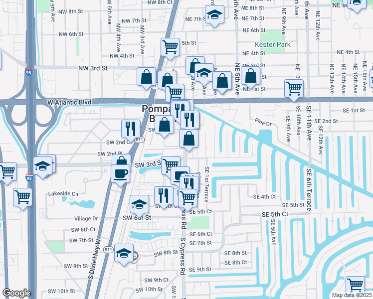 map of restaurants, bars, coffee shops, grocery stores, and more near 289 Southeast 1st Avenue in Pompano Beach