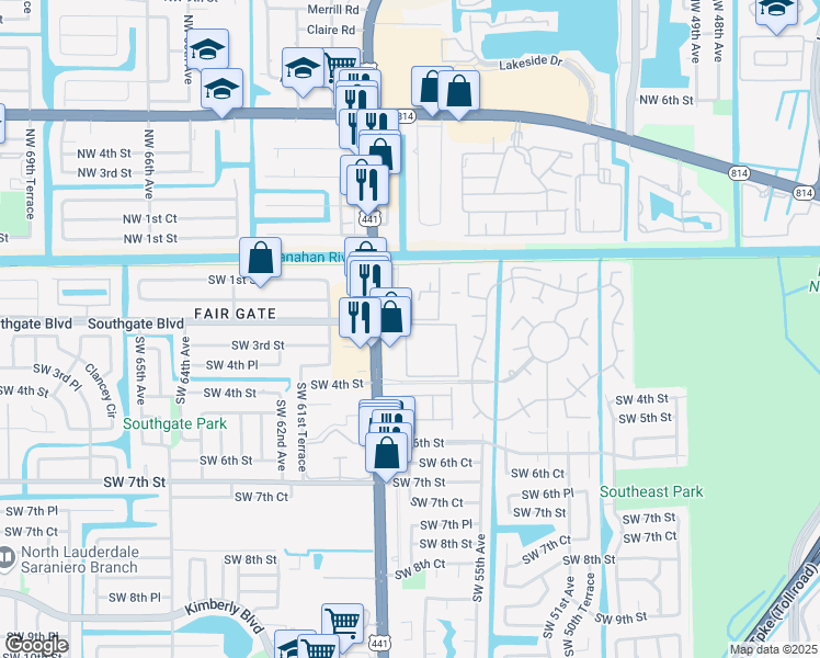 map of restaurants, bars, coffee shops, grocery stores, and more near 316 South State Road 7 in Margate