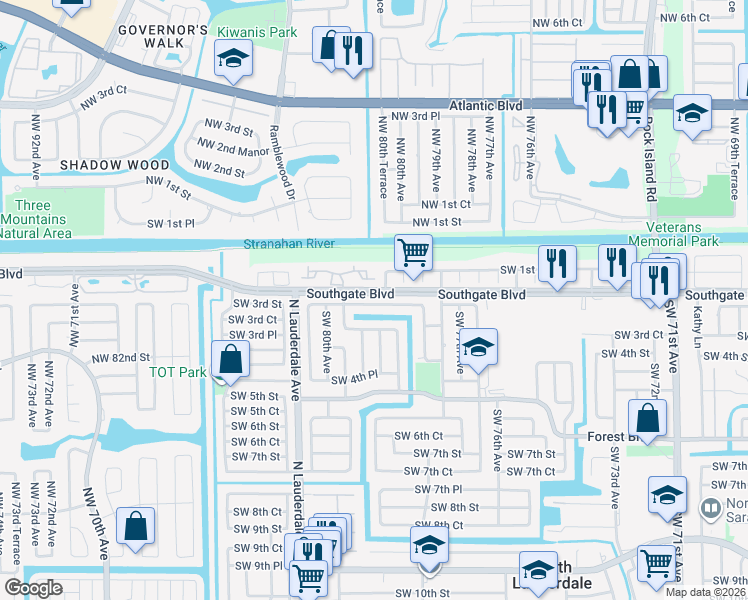 map of restaurants, bars, coffee shops, grocery stores, and more near 7904 Southwest 78th Avenue in North Lauderdale