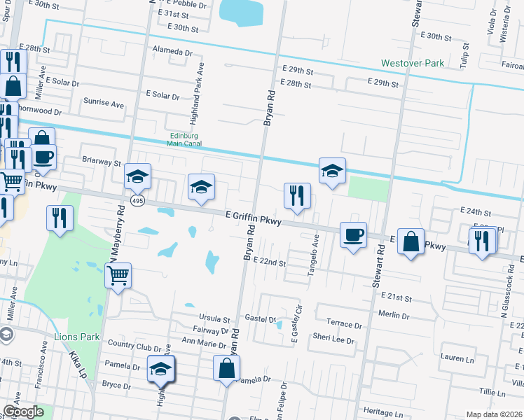 map of restaurants, bars, coffee shops, grocery stores, and more near 2222 Bryan Road in Mission
