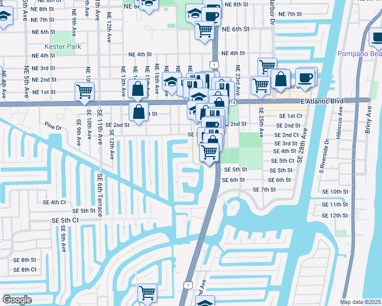 map of restaurants, bars, coffee shops, grocery stores, and more near 461 Southeast 19th Avenue in Pompano Beach