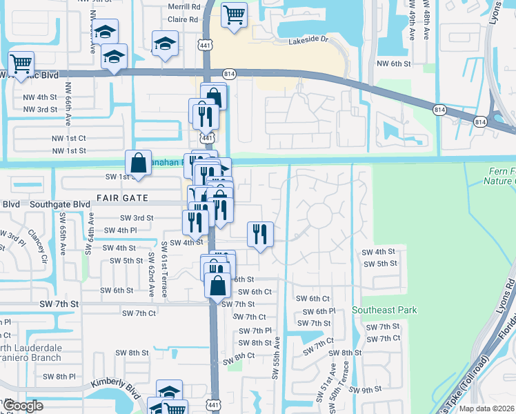 map of restaurants, bars, coffee shops, grocery stores, and more near 5641 Southwest 2nd Court in Margate