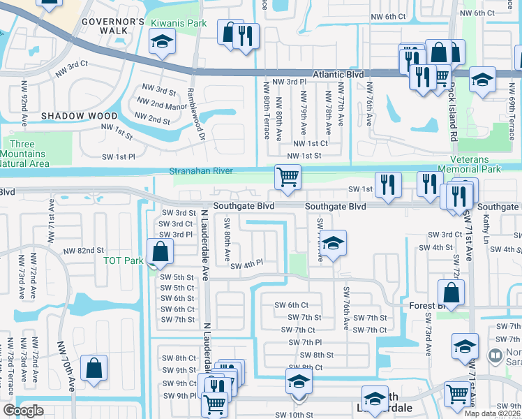 map of restaurants, bars, coffee shops, grocery stores, and more near 7904 Southwest 78th Avenue in North Lauderdale