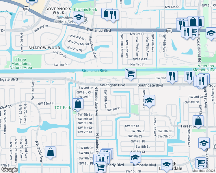 map of restaurants, bars, coffee shops, grocery stores, and more near 302 Southwest 79th Terrace in North Lauderdale