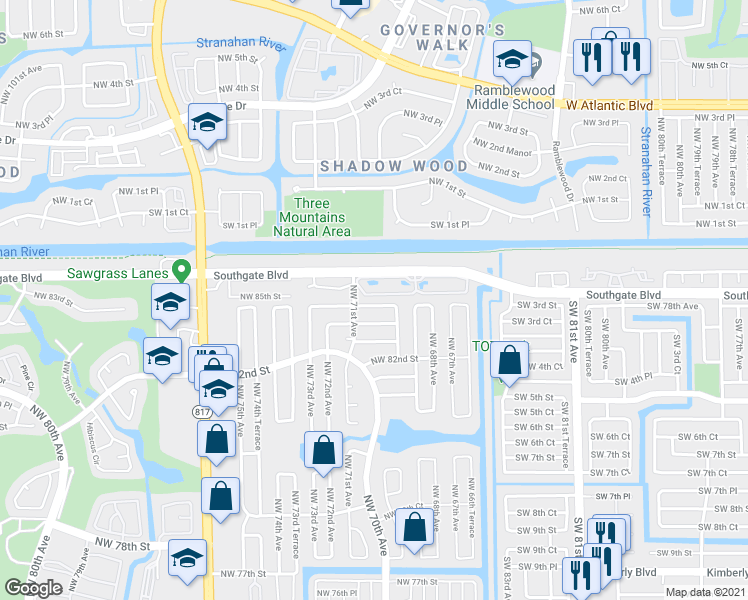 map of restaurants, bars, coffee shops, grocery stores, and more near 6930 Northwest 84th Street in Tamarac