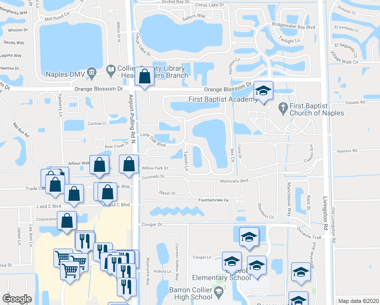 map of restaurants, bars, coffee shops, grocery stores, and more near 6618 Tannin Lane in Naples