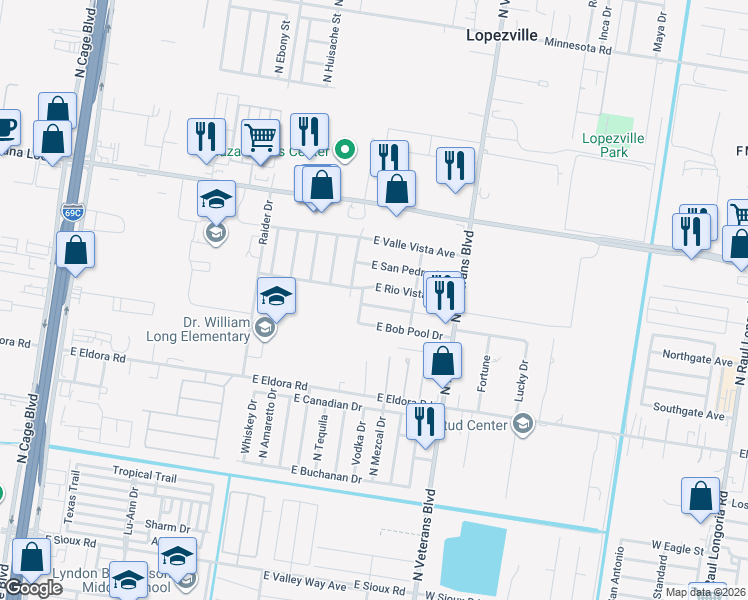 map of restaurants, bars, coffee shops, grocery stores, and more near 1100 East Nell Pool Drive in Pharr