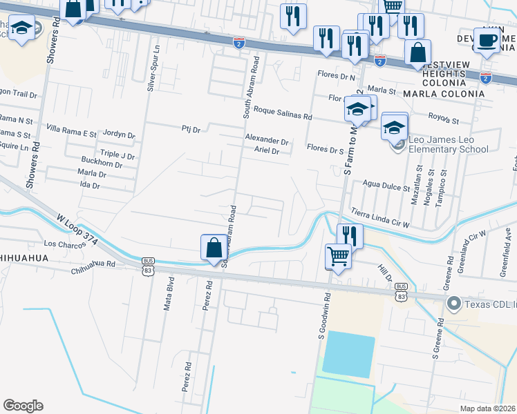 map of restaurants, bars, coffee shops, grocery stores, and more near 1109 Abram Road in Palmview