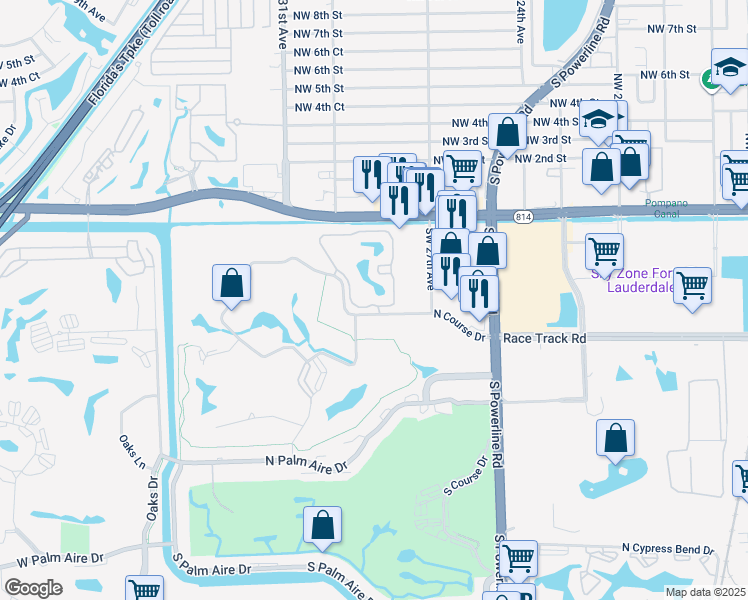 map of restaurants, bars, coffee shops, grocery stores, and more near 2837 North Course Drive in Pompano Beach