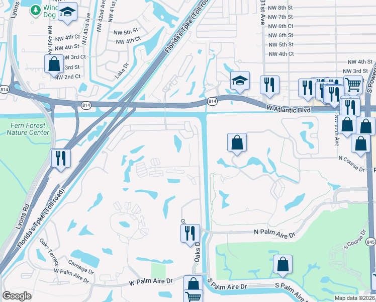 map of restaurants, bars, coffee shops, grocery stores, and more near 3499 Oaks Way in Pompano Beach