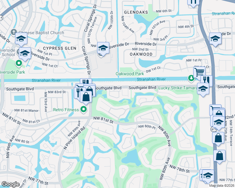 map of restaurants, bars, coffee shops, grocery stores, and more near 8632 South Southgate Shores Circle in Tamarac