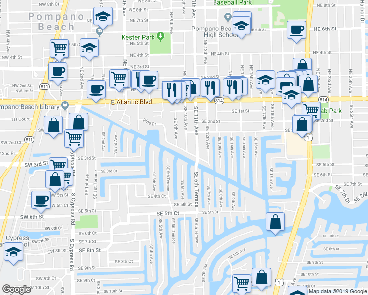 map of restaurants, bars, coffee shops, grocery stores, and more near 85 Pine Drive in Pompano Beach