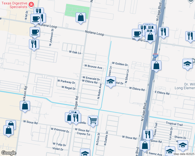 map of restaurants, bars, coffee shops, grocery stores, and more near 3700 North Robin Avenue in Pharr