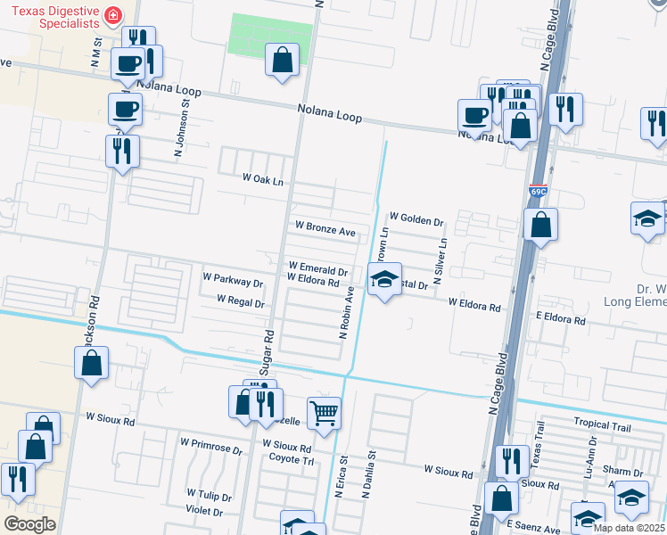 map of restaurants, bars, coffee shops, grocery stores, and more near 807 West Emerald Drive in Pharr