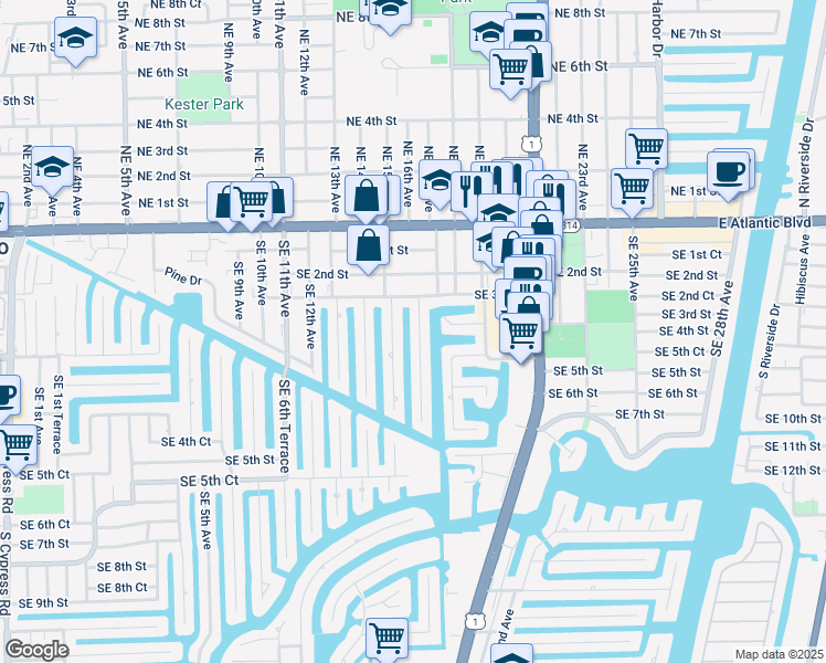 map of restaurants, bars, coffee shops, grocery stores, and more near 381 Southeast 16th Avenue in Pompano Beach