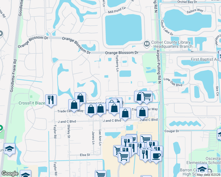 map of restaurants, bars, coffee shops, grocery stores, and more near 6635 Yarberry Lane in Naples