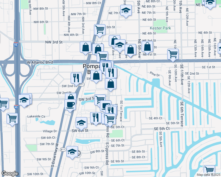 map of restaurants, bars, coffee shops, grocery stores, and more near 289 Southeast 1st Avenue in Pompano Beach