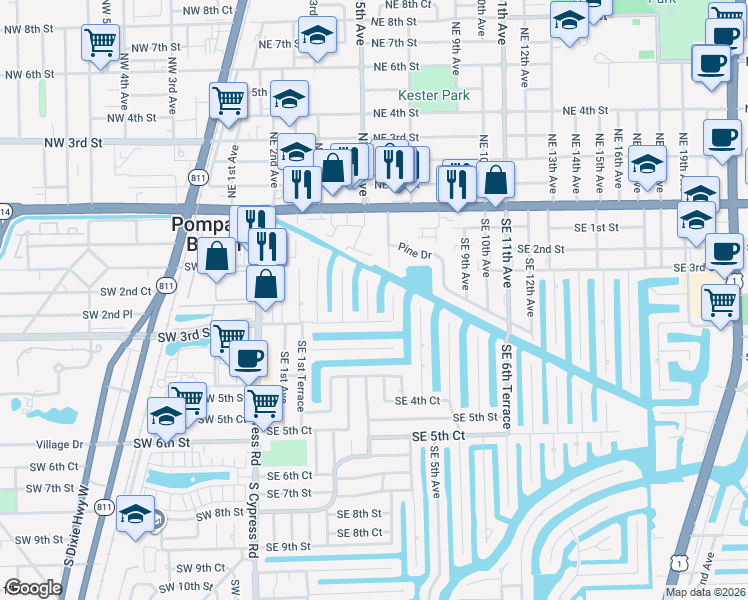 map of restaurants, bars, coffee shops, grocery stores, and more near 268 Southeast 3rd Terrace in Pompano Beach