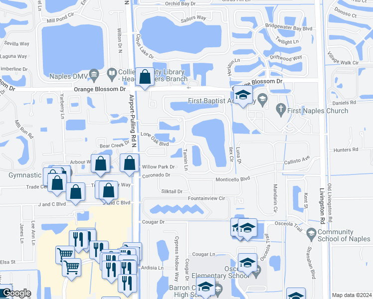 map of restaurants, bars, coffee shops, grocery stores, and more near 6606 Tannin Lane in Naples