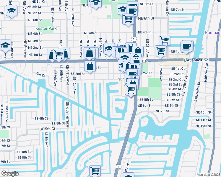 map of restaurants, bars, coffee shops, grocery stores, and more near 1791 Southeast 5th Court in Pompano Beach