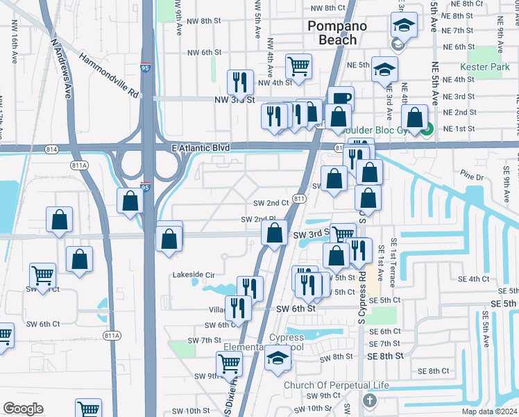 map of restaurants, bars, coffee shops, grocery stores, and more near 348 Southwest 2nd Place in Pompano Beach