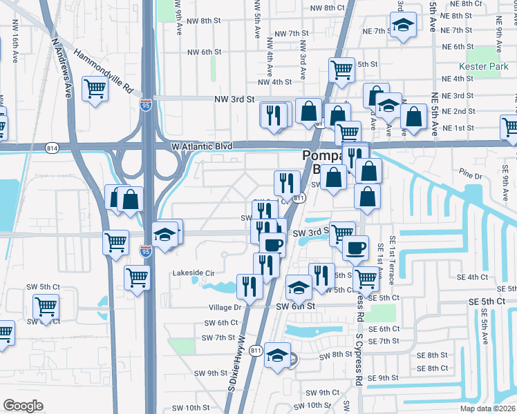 map of restaurants, bars, coffee shops, grocery stores, and more near 349 Southwest 2nd Place in Pompano Beach