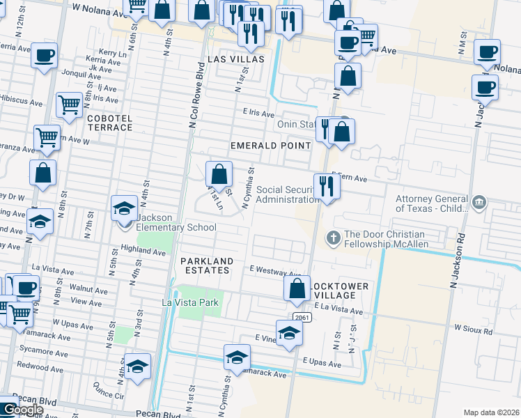 map of restaurants, bars, coffee shops, grocery stores, and more near 2904 North 1st Street in McAllen
