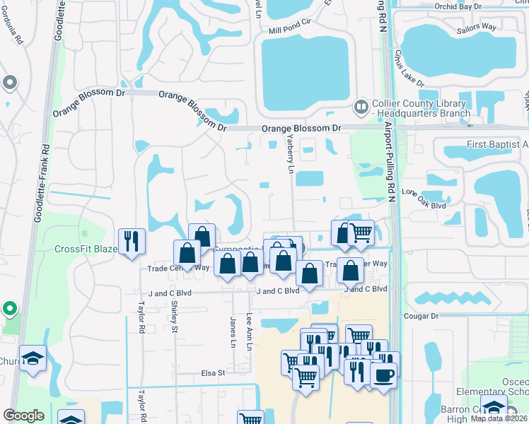 map of restaurants, bars, coffee shops, grocery stores, and more near 6635 Yarberry Lane in Naples
