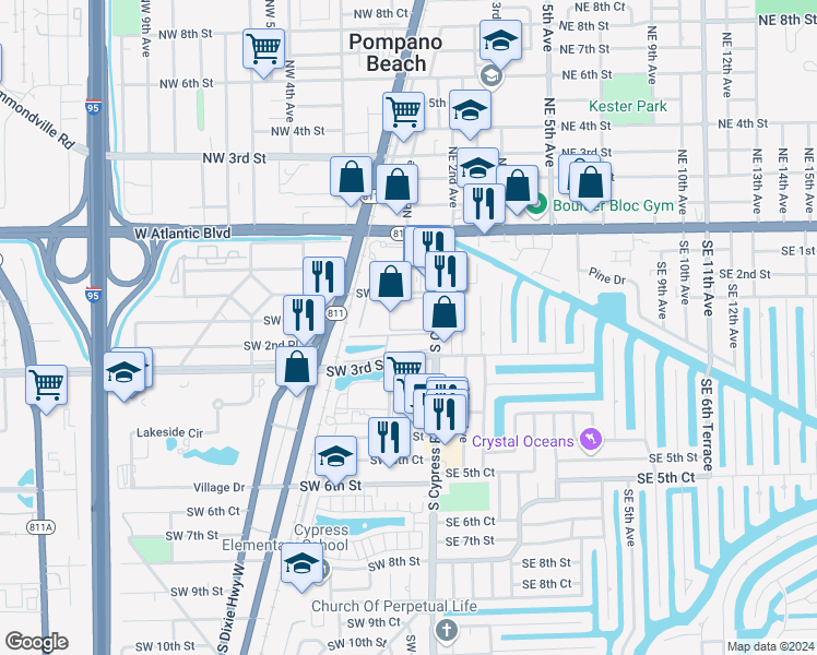 map of restaurants, bars, coffee shops, grocery stores, and more near 21 Southwest 3rd Street in Pompano Beach