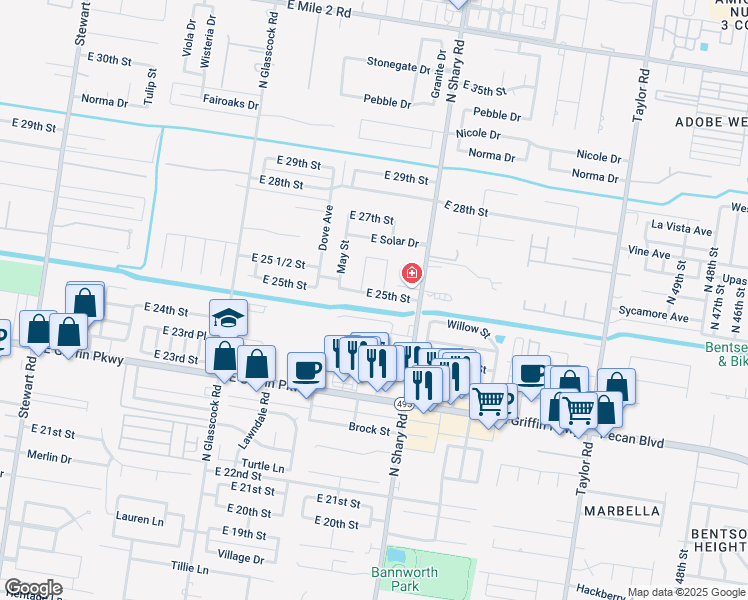 map of restaurants, bars, coffee shops, grocery stores, and more near 2316 East 25th Street in Mission