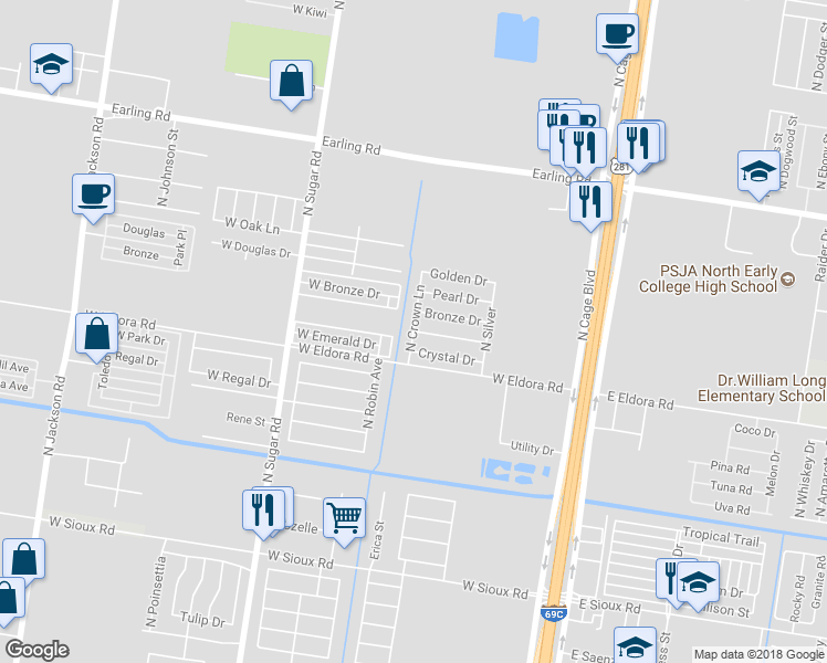 map of restaurants, bars, coffee shops, grocery stores, and more near 901 West Emerald in Pharr