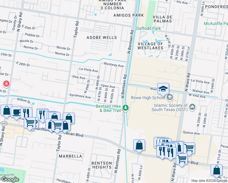 map of restaurants, bars, coffee shops, grocery stores, and more near 1916 North 45th Street in McAllen