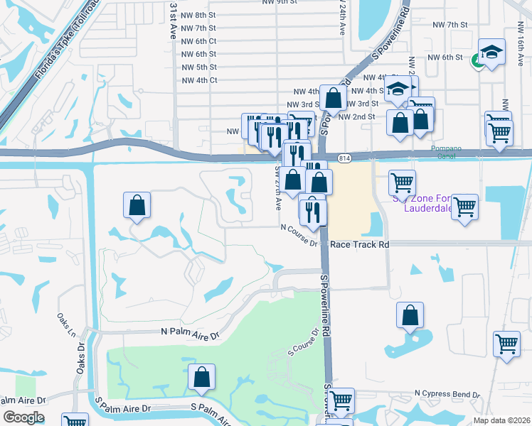 map of restaurants, bars, coffee shops, grocery stores, and more near 2701 North Course Drive in Pompano Beach