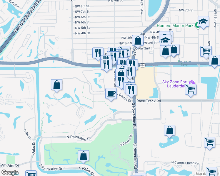 map of restaurants, bars, coffee shops, grocery stores, and more near 2701 North Course Drive in Pompano Beach