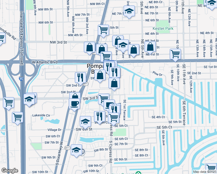map of restaurants, bars, coffee shops, grocery stores, and more near 21 Southwest 3rd Street in Pompano Beach