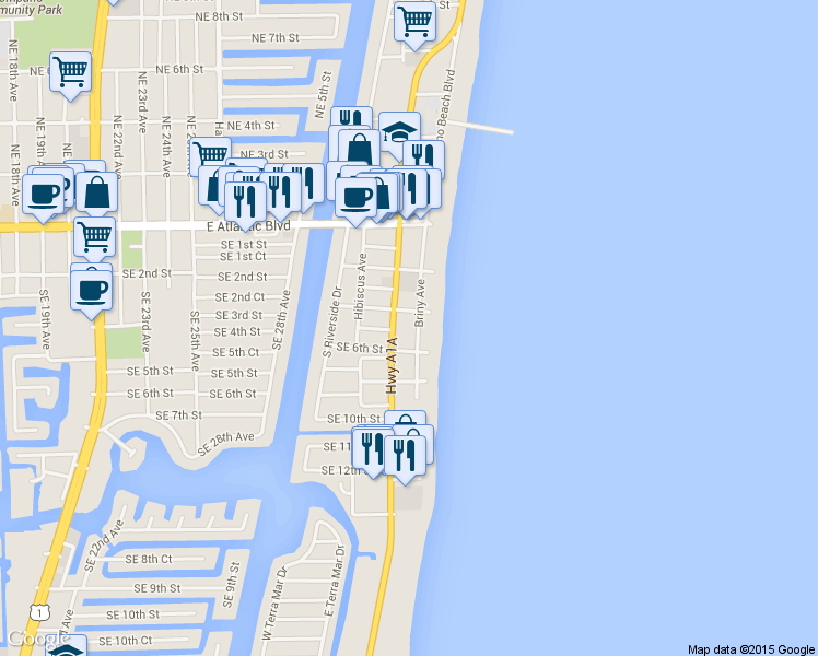 map of restaurants, bars, coffee shops, grocery stores, and more near 516 South Ocean Boulevard in Pompano Beach