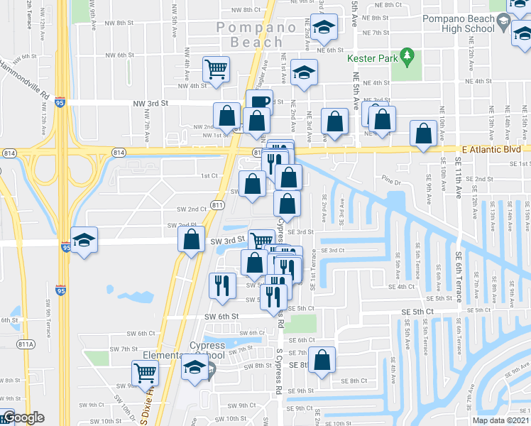 map of restaurants, bars, coffee shops, grocery stores, and more near 21 Southwest 3rd Street in Pompano Beach