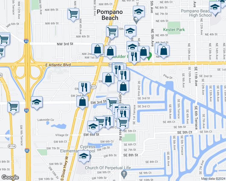 map of restaurants, bars, coffee shops, grocery stores, and more near 21 Southwest 3rd Street in Pompano Beach