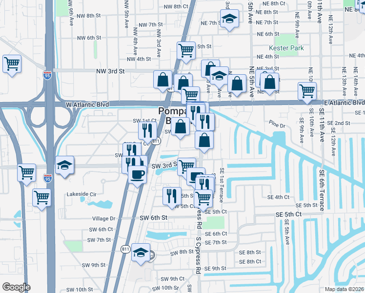 map of restaurants, bars, coffee shops, grocery stores, and more near 199 Southwest 3rd Street in Pompano Beach